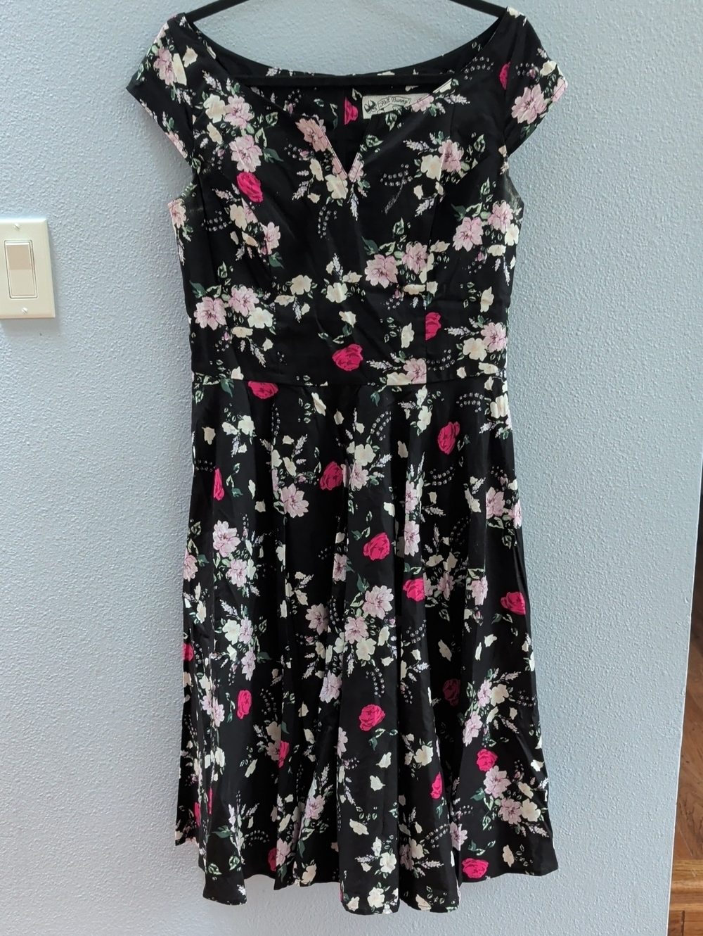 Hell Bunny Vixen Retro Black Floral Fit-and-Flare Dress with Pink Cream Blossoms